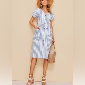 Pocket Front Blue and White Stripe Button Up Belted Dress